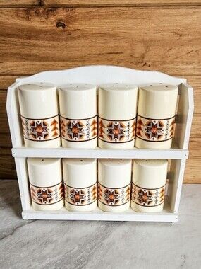 VTG 70s Boho Ceramic Spice Shaker Set w/ Wooden Shelf Made in Japan
